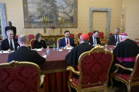 US Vice-President JD Vance (C) and his delegation held 'cordial talks' with the Vatican's secretary of state, Cardinal Pietro Parolin, and Paul Richard Gallagher, the Holy See's secretary for relations with states