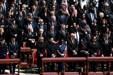 Volodymyr Zelensky and his wife Olena Zelenska attend late Pope Francis' funeral ceremony