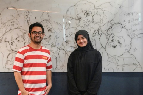 Ryan Adriandhy Halim (L), director of the animated film Jumbo, and illustrator Nadeen Muskita (R) in Jakarta on April 21, 2025
