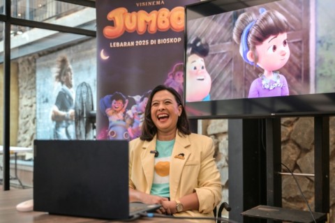 Anggia Kharisma, producer of the animated film Jumbo, reacting during an interview in Jakarta