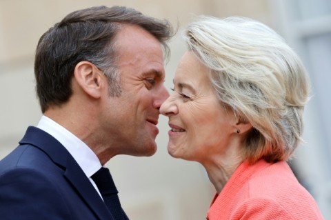 Macron (L) and von der Leyen took aim at Trump's assault on science and research
