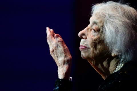 German Holocaust survivor Margot Friedlaender blows a kiss