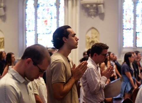 Mass is held at Saint Thomas of Villanova Church to pray for Pope Leo XIV at his alma mater, Villanova University in Villanova, Pennsylvania