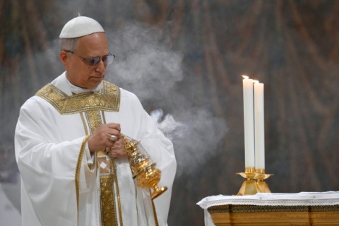 Pope Leo XIV during a mass with cardinals in the Sistine Chapel in The Vatican