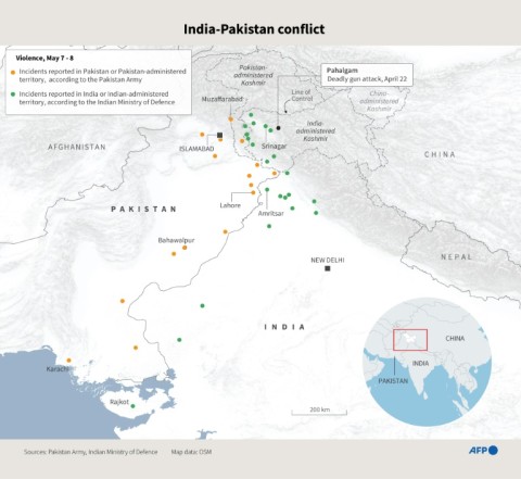 Updated map showing incidents of violence on May 7-8, 2025 in the disputed Kashmir region and in Pakistan and India, according to officials