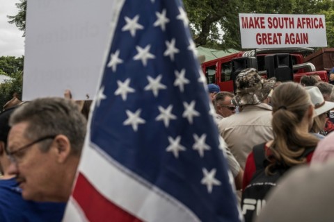 White South African supporters of President Donald Trump at a protest outside the US Embassy in Pretoria on February 15, 2025
