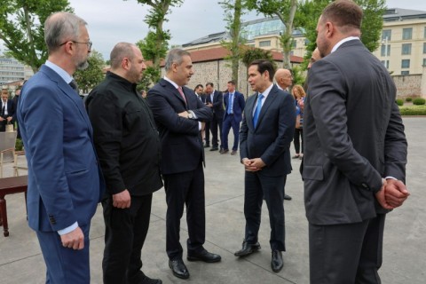 Turkish Foreign Minister Hakan Fidan with Russia's Medinsky at the Dolmabahce Palace in Istanbul