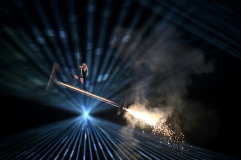 Erika Vikman soars above the stage during the song 'Ich Komme'