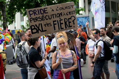 A demonstrator at the Brussels Pride march, May 17, 2025.