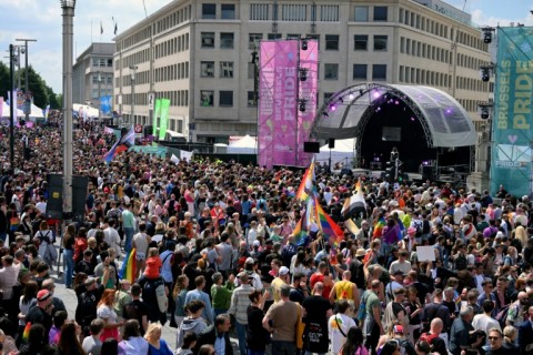 Protesters at the Brussels Pride march, May 17, 2025.
