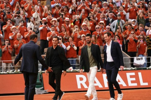 Andy Murray, Novak Djokovic and Roger Federer greeted Rafael Nadal during the ceremony