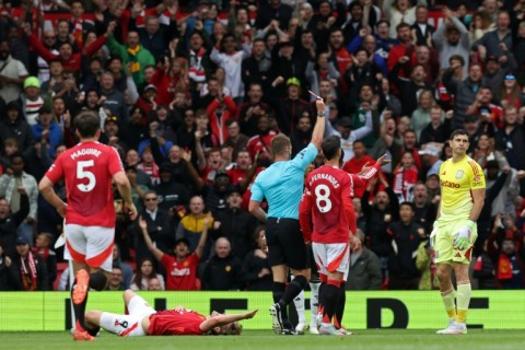 Aston Villa goalkeeper Emi Martinez was sent off against Manchester United