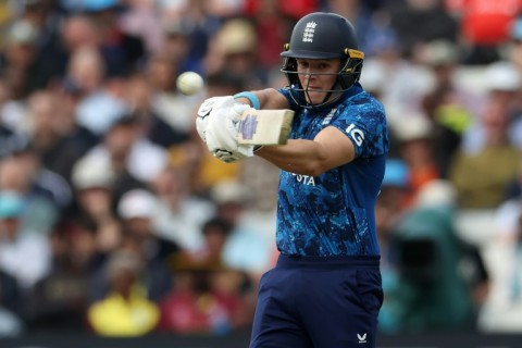England's Jacob Bethell hits a six during the first (ODI) against the West Indies at Edgbaston