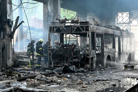 A trolleybus depot was hit in a Russian drone strone on Kharkiv