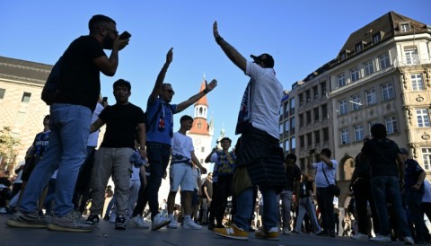 Fans gather in the Marienplatz in the centre of Munich on Friday ahead of the Champions League final