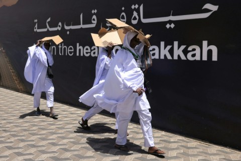 Pilgrims use carboard to shield themselves from the blazing sun as they arrive in Mecca for the annual hajj.