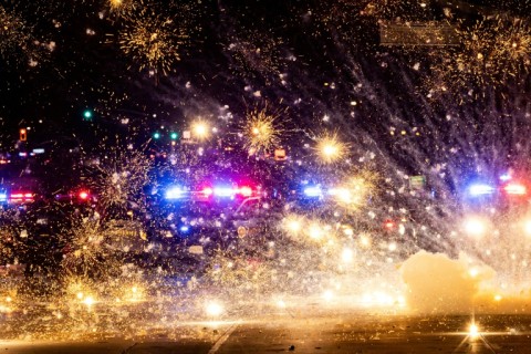 Los Angeles police officers next to City Hall during clashes with protesters