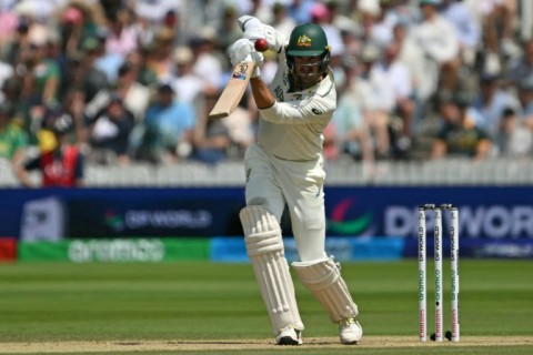 Australia's Mitchell Starc drives during his 58 not out against South Africa in the WTC final at Lord's