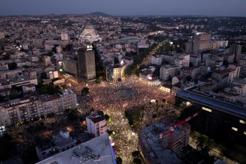 One monitor said 140,000 protesters marched in Belgrade on Saturday
