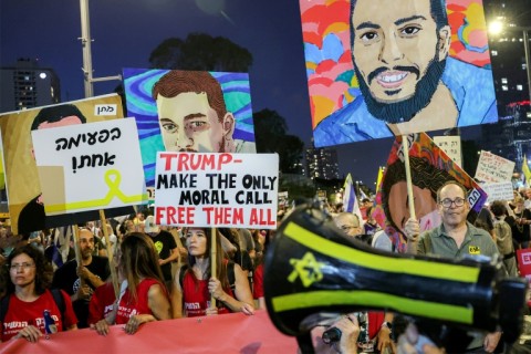 Israeli demonstrators calling for action to secure the release of hostages held in Gaza, in Tel Aviv