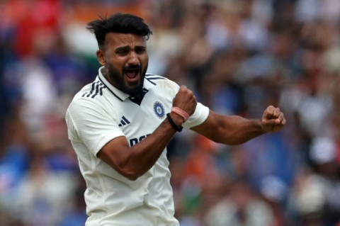 India's Akash Deep celebrates after having Harry Brook lbw for 23 in the second Test against England at Edgbaston