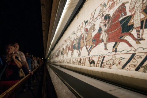 The Bayeux Tapestry depicts the 1066 Norman conquest of England