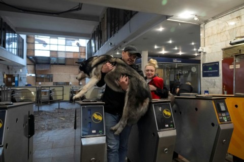 The entrance to a metro station where civilians were sheltering from the barrage was also damaged