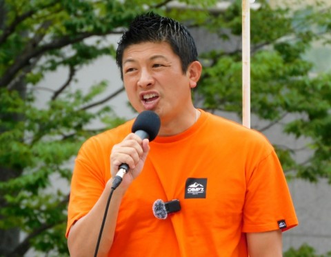 Japan's opposition party Sanseito leader Sohei Kamiya delivers a campaign speech