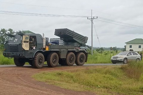 A Cambodian BM-21 multiple rocket launcher is seen near the Cambodia-Thai border as Cambodian and Thai troops exchanged fire in a new round of clashes in Preah Vihear province on July 24, 2025
