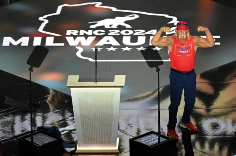 Hulk Hogan flexes his muscles after speaking during the last day of the 2024 Republican National Convention