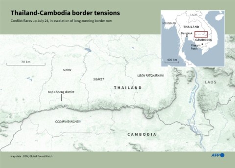 Map showing the area on the Thailand-Cambodia border where violence has flared on July 24, 2025