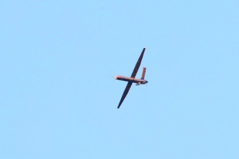 A Turkish drone flies over in Kahramankazan, some 40 kilometers (25 miles) north of Ankara on October 23, 2024