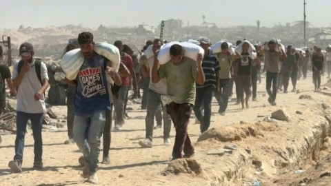 Palestinians transport bags of flour in northern Gaza Strip