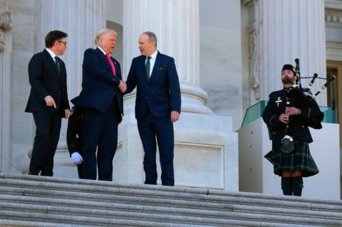 Trump shakes hands with Irish Taoiseach Micheal Martin after a lunch at the US Capitol in March to mark St Patrick's Day