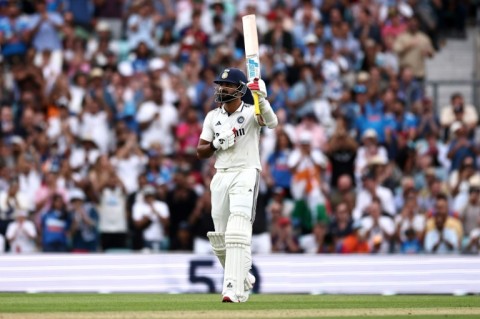 India's Akash Deep celebrates his fifty in the fifth Test against England at the Oval