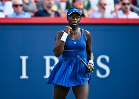 Canadian teen Victoria Mboko celebrates a point in her victory over Naomi Osaka in the WTA Canadian Open final