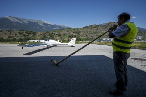 Raphael Domjan took off to the sound of a traditional Swiss alphorn
