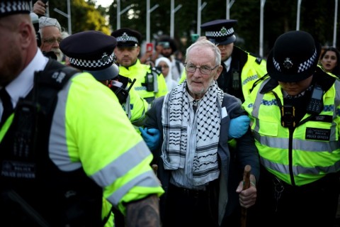 A protester is led away by police officers in central London