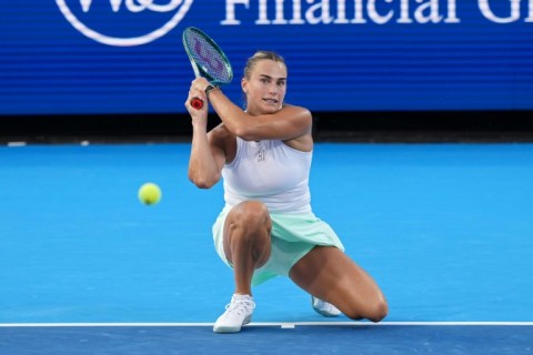 Aryna Sabalenka gets low for a backhand on the way to an opening victory over Marketa Vondrousova at the ATP-WTA Cincinnati Open