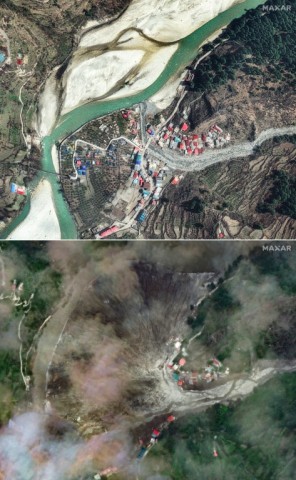 Satellite images from Maxar Technologies show the before and after effects of the flood