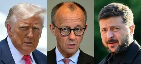 This combination of file photos shows US President Donald Trump at Joint Base Andrews, Maryland on July 15, 2025, German Chancellor Friedrich Merz at the Chancellery in Berlin on June 10, 2025, and Ukrainian President Volodymyr Zelensky during a North Atlantic Treaty Organization (NATO) Heads of State and Government summit in The Hague, on June 24, 2025