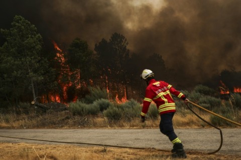 Firefighters try to extinguish a wildfire at Casal do Monte village in Trancoso, Portugal on August 13, 2025