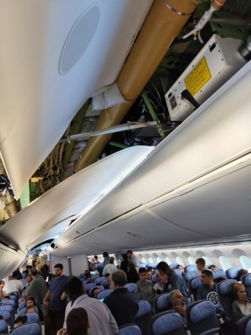 This UGC picture taken on July 1, 2024 and released as a courtesy by passenger Claudio Fernandez Arbes shows damages in an Air Europa Boeing 787-9 Dreamliner after it made an emergency landing in Natal, in northern Brazil, on July 1, 2024, after hitting strong turbulence on its way from Madrid to Montevideo