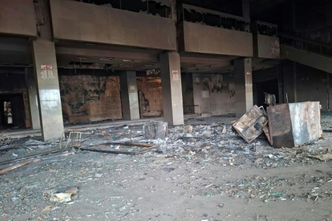 The charred remains of the Parliament building in Kathmandu after demonstrators set it ablaze