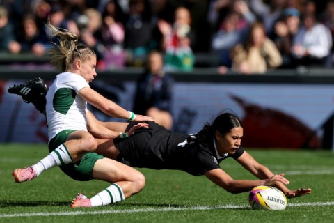 New Zealand wing Braxton Sorensen-McGee dives to score a try during a 46-17 Women’s Rugby World Cup quarter-final win over South Africa in Exeter