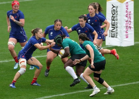 Ireland prop Linda Djougang runs with the ball during a Women’s Rugby World Cup quarter-final against France in Exeter
