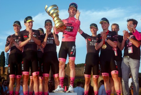 Britain's Simon Yates (C) won the Giro in May after a daring solo attack on the penultimate stage in the high mountains
