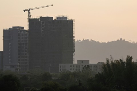 Work going on in February on a new tower block in Shwe Kokko, where some of the most notorious scam centres are based
