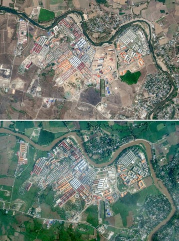 This photo from Planet Labs PBC handout satellite images shows the transformation of a section of the KK Park scam complex from March 2 (top) to September 30 (below)