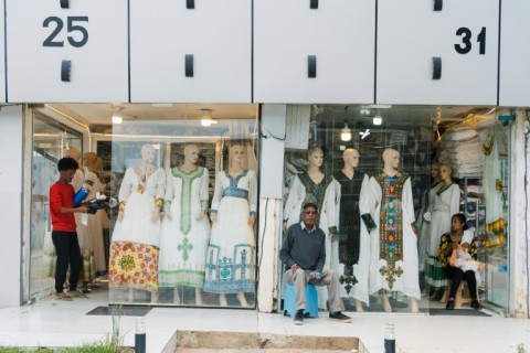 Habesha kemis and other traditional dresses at a shop in Addis Ababa